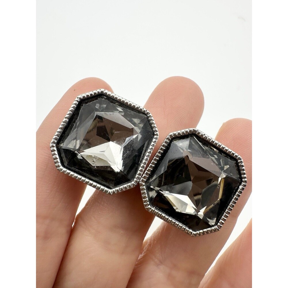 Silver Tone Faceted Crystal Clip On Earrings Chunky